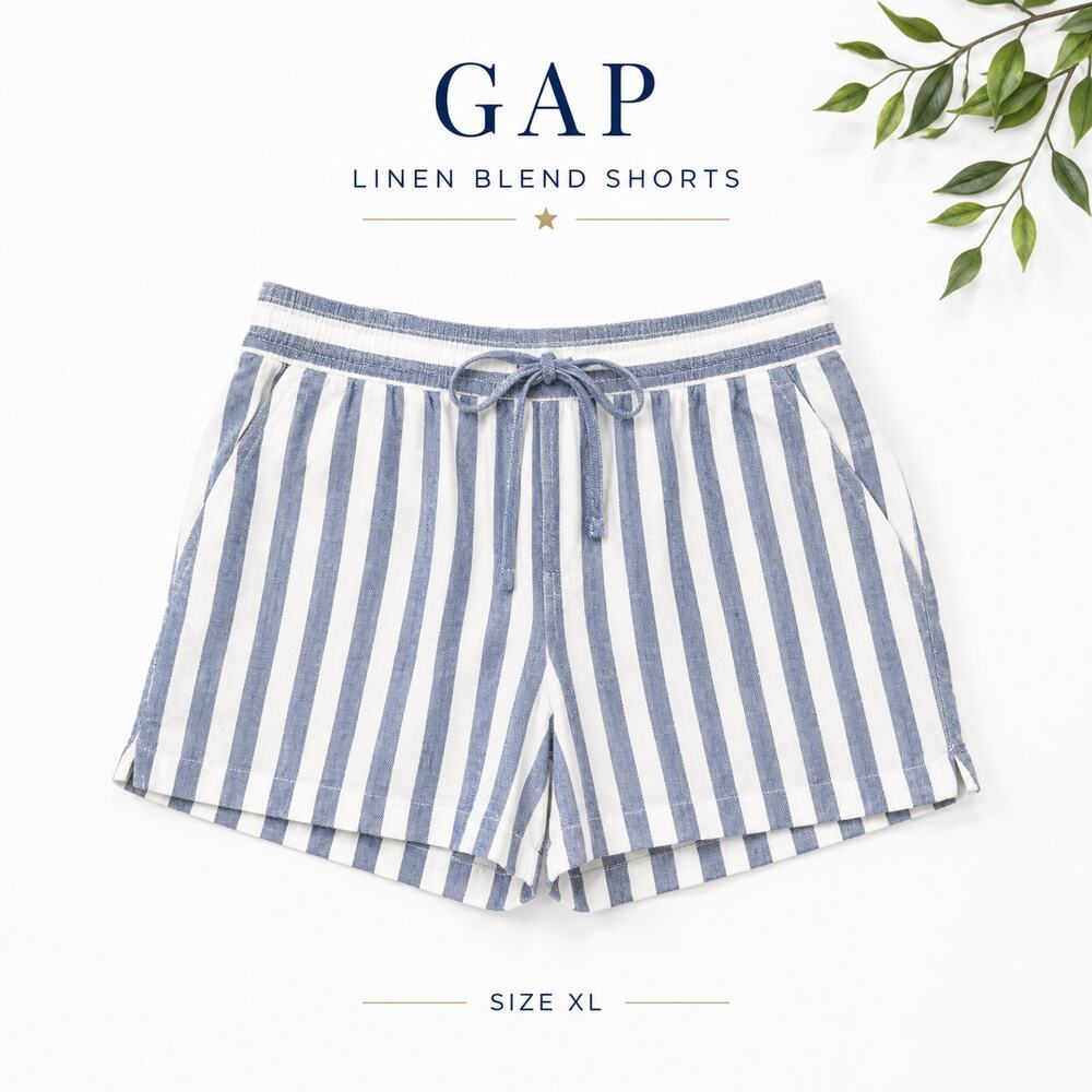 GAP XL Linen Blend Shorts Blue White Stripe Drawstring Pull On Coastal